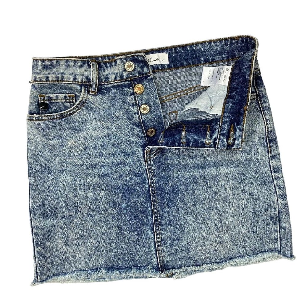 KanCan Denim Mini Jean Skirt Size Small Acid Wash Exposed Button Fly Raw Hem